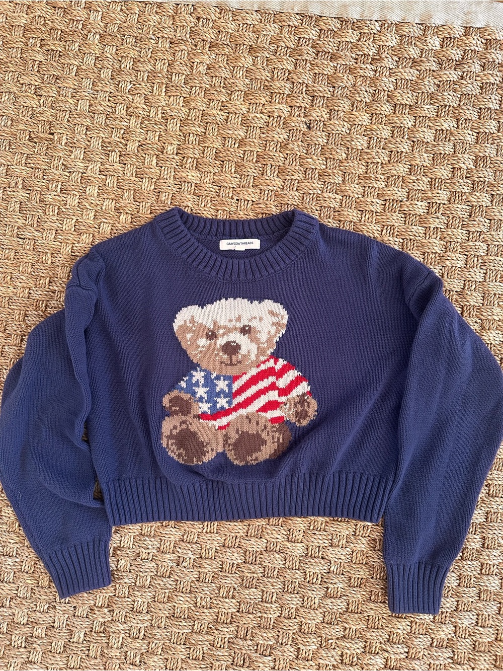 Grayson Threads Teddy Bear American Flag Cropped Knit Sweater Size Medium